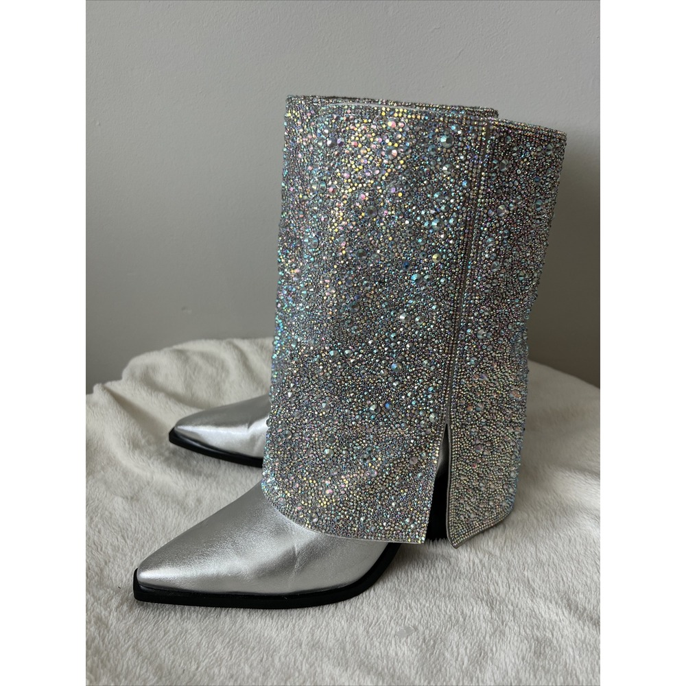 AZALEA WANG Annabelle Silver Rhinestone Western Boots Size 7.5 Rodeo Cowgirl